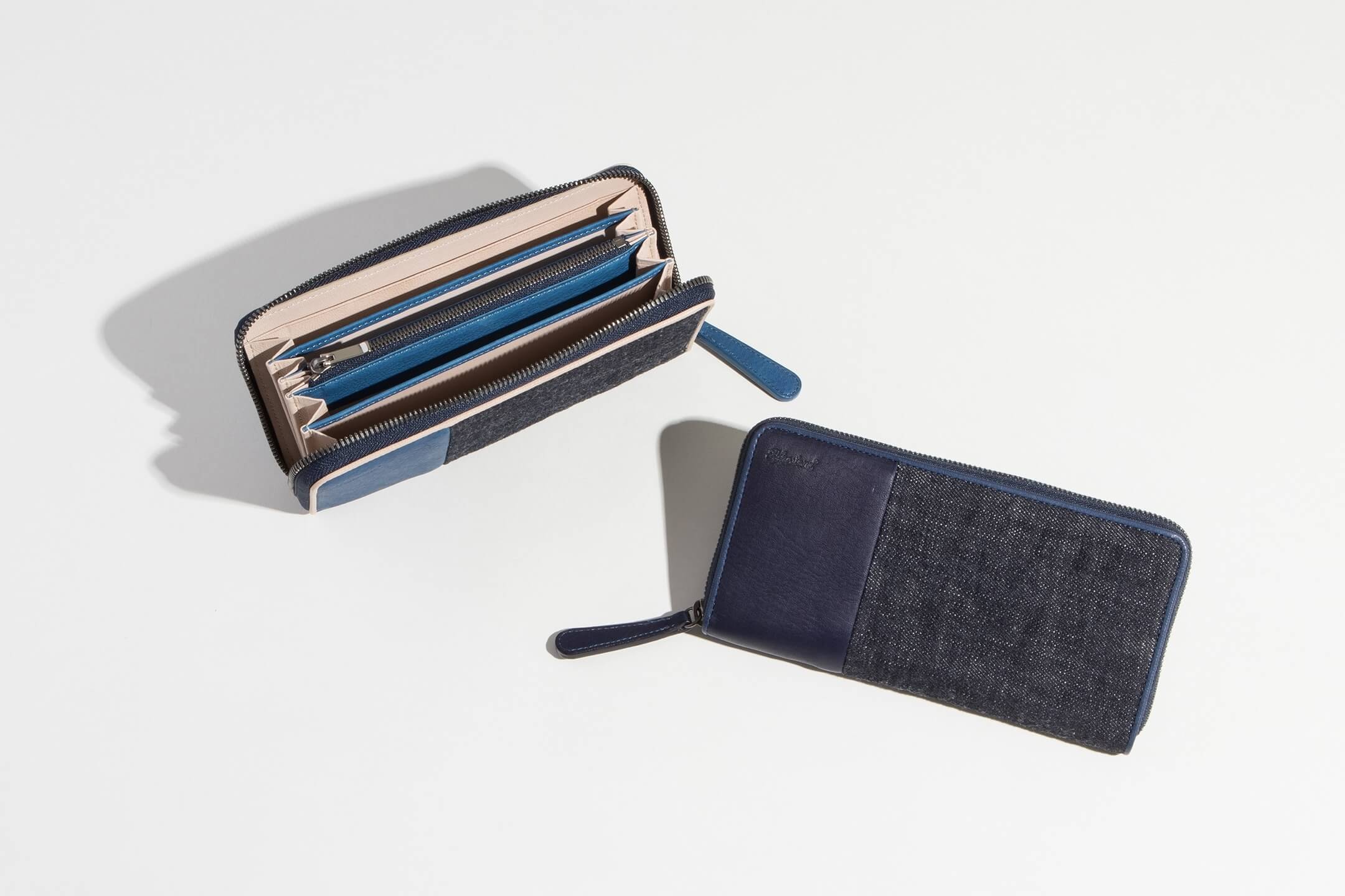 Sデニム x スクモレザー ラウンドジップ長財布