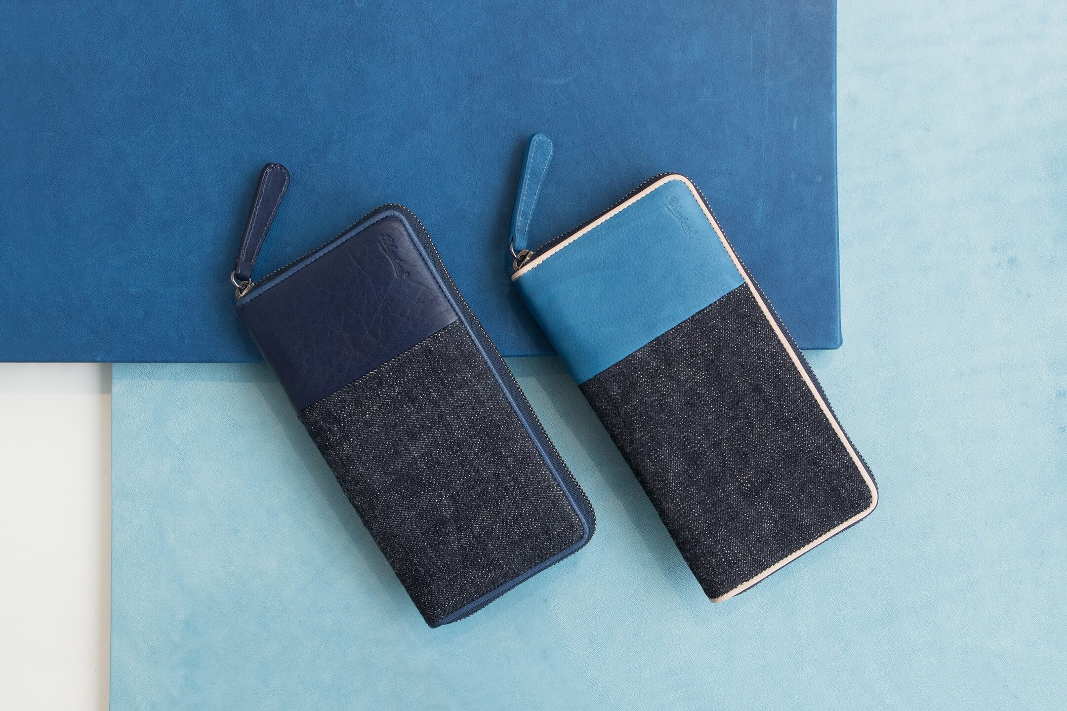 Sデニム x スクモレザー ラウンドジップ長財布