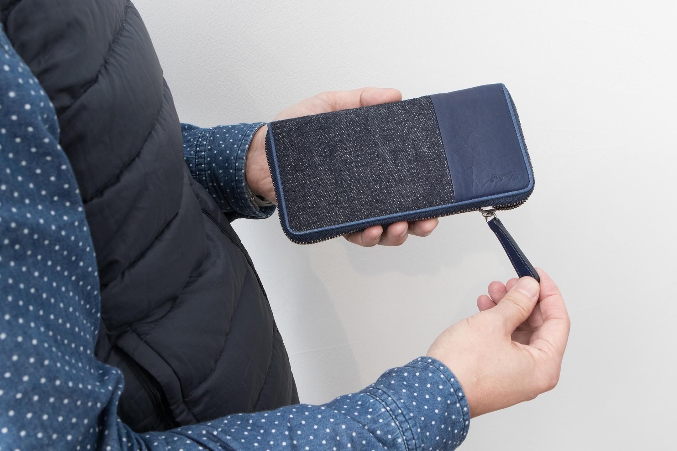 Sデニム x スクモレザー ラウンドジップ長財布