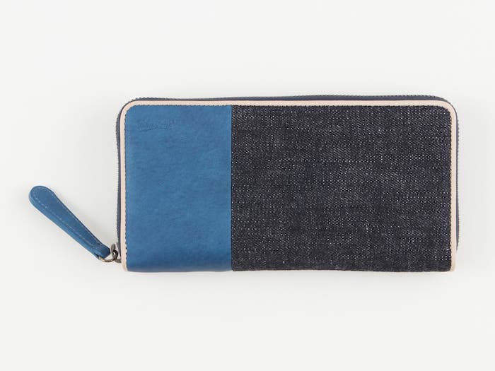 Sデニム x スクモレザー ラウンドジップ長財布