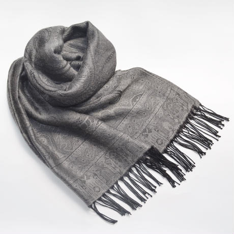 シルクカシミヤ大柄ペイズリージャカードストール　ブラック