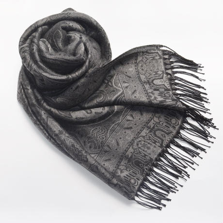 シルクカシミヤ大柄ペイズリージャカードストール　ブラック