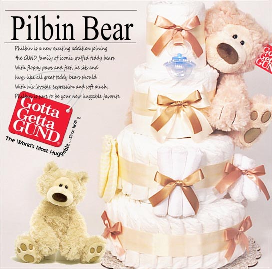 出産祝いギフト４段おむつケーキ　フィルビンＢＩＧぬいぐるみ