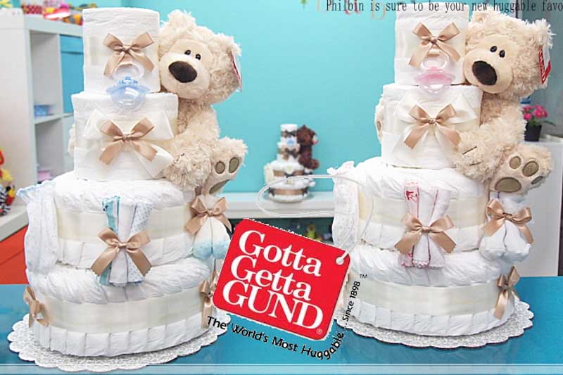 出産祝いギフト４段おむつケーキ　フィルビンＢＩＧぬいぐるみ