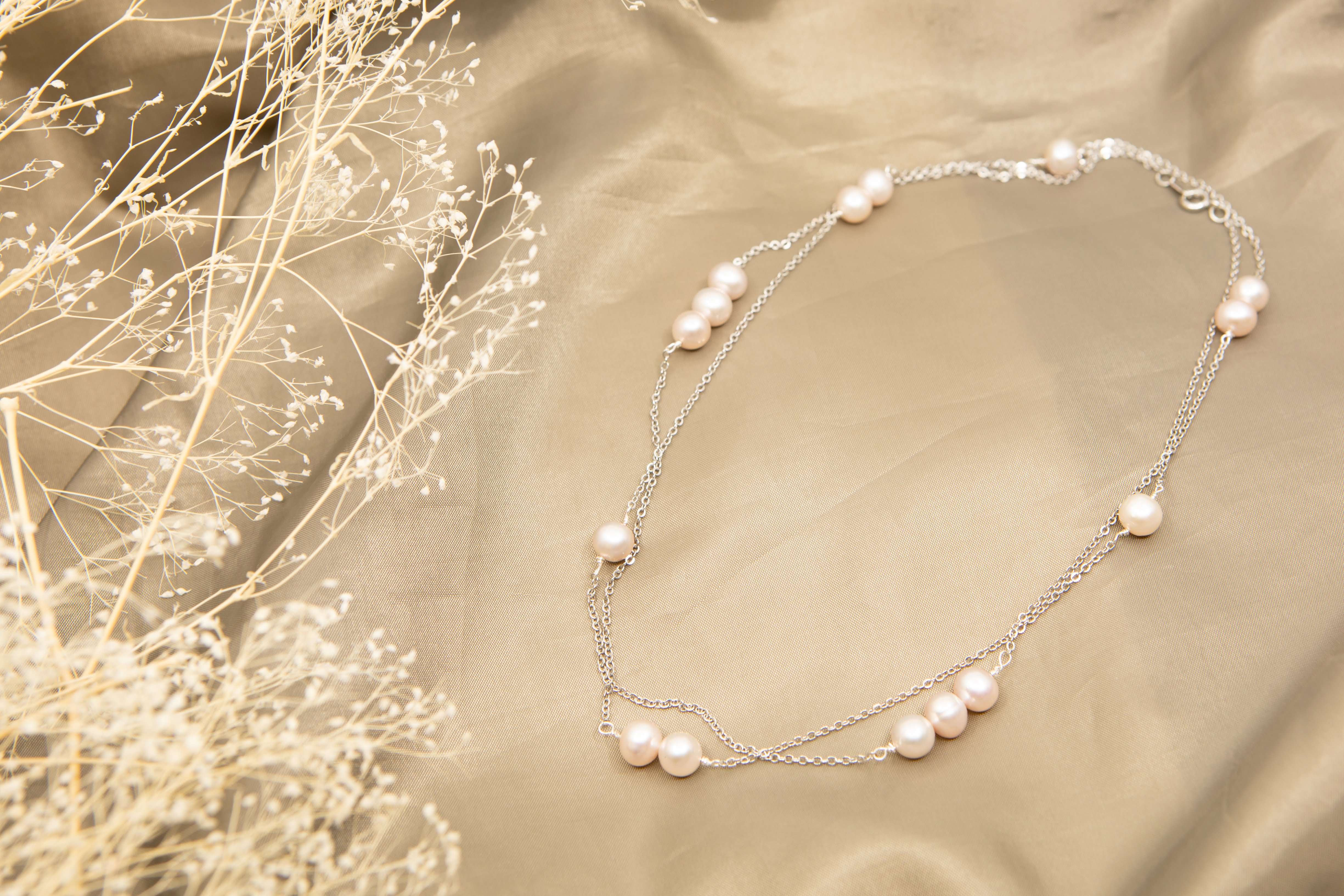 ピンク系淡水パール × シルバーチェーン