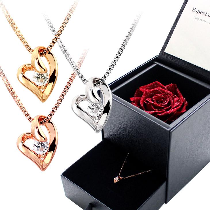 プリザーブドフラワー＆キュービックジルコニア オープンハート ネックレス