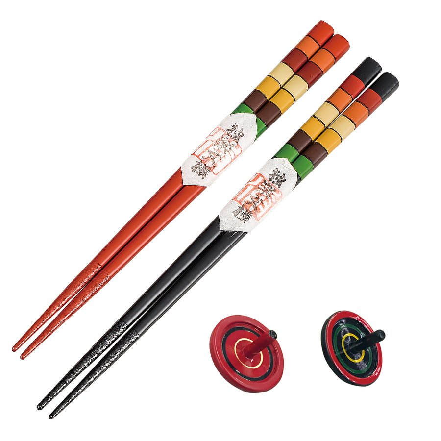 夫婦箸セット 独楽模様 コマ箸置付 赤・黒 | 井助のプレゼント・ギフト