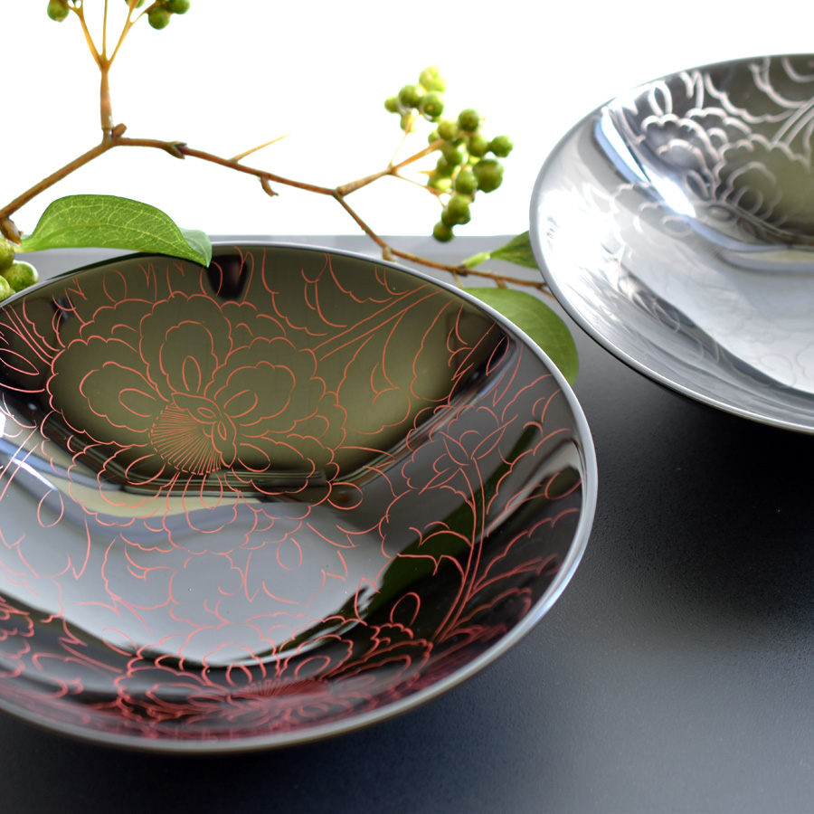 ボウル 牡丹彫 朱 中