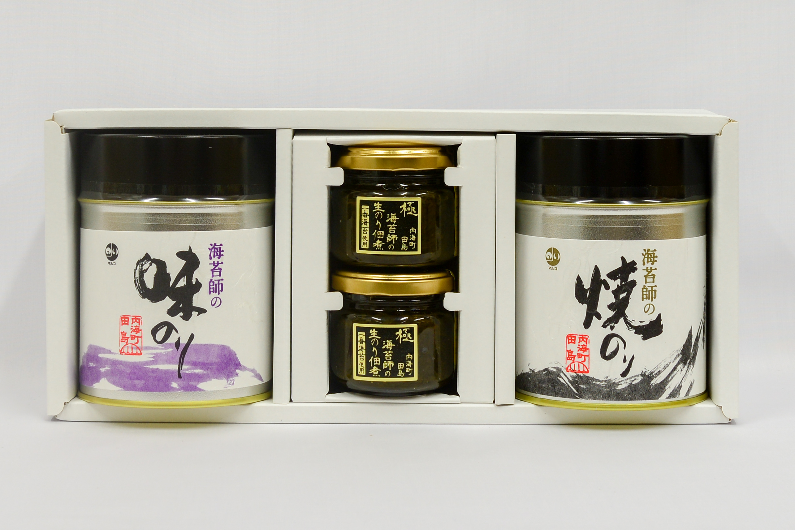 味付のり1缶・焼きのり1缶・生のり佃煮〈極〉2個詰合せ | マルコ水産