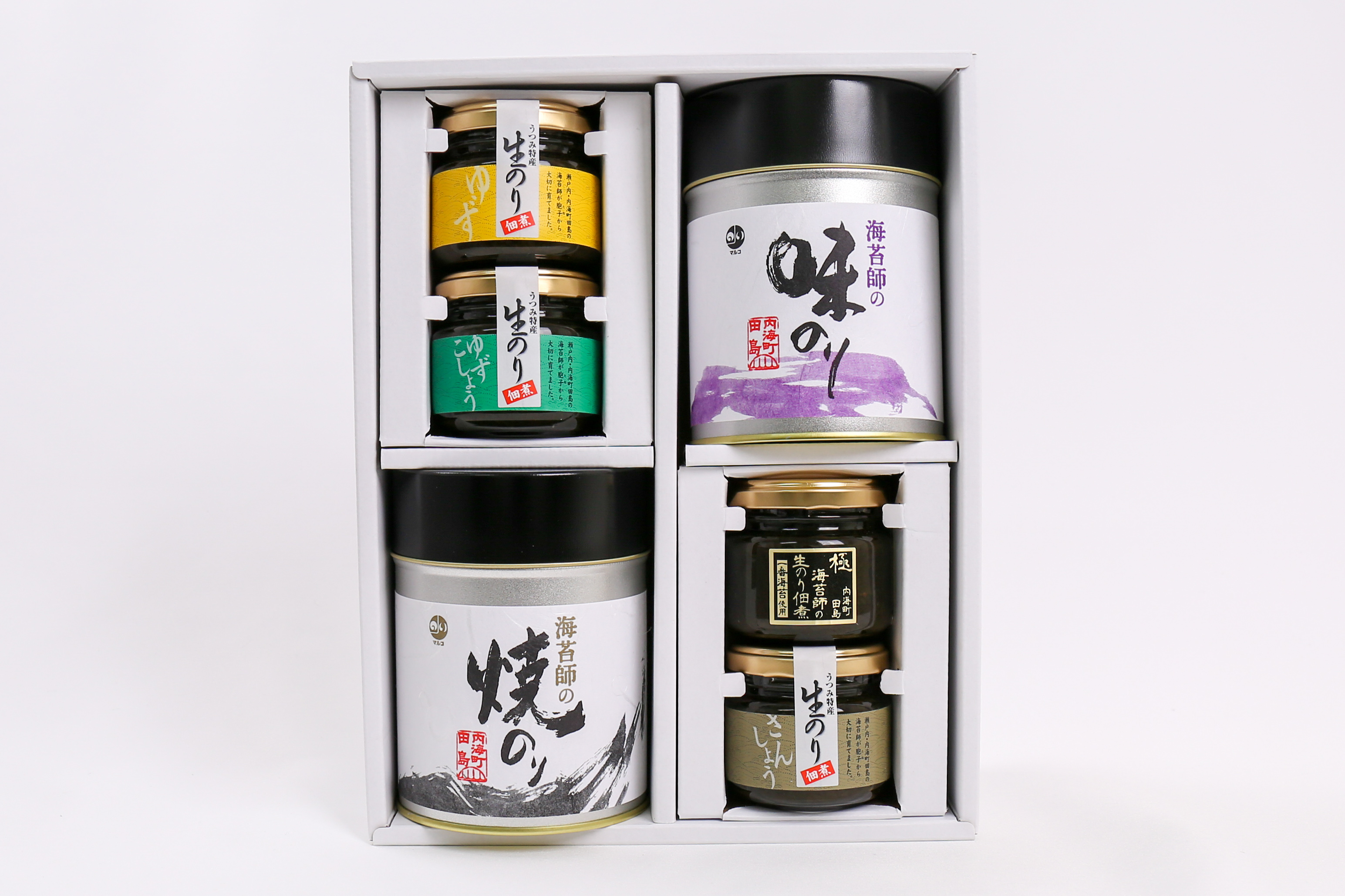 味付のり1缶・焼きのり1缶・生のり佃煮（〈極〉、山椒、柚子、柚子胡椒）詰合せ
