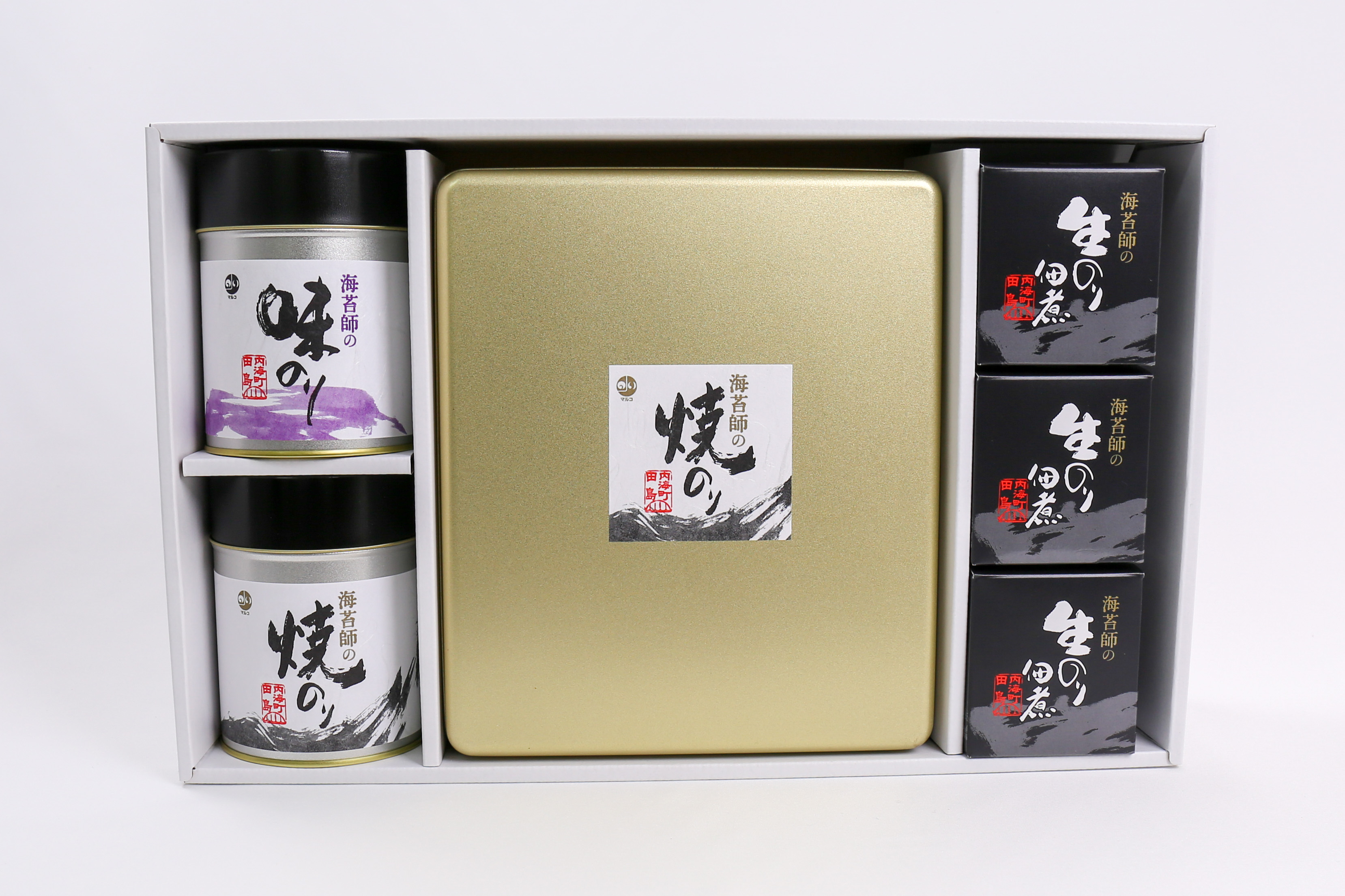 味付のり1缶・焼きのり1缶・大判焼きのり・生のり佃煮〈極〉3個詰合せ