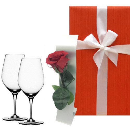 お祝 誕生日 ペア ワイングラスとスタンド付きプリザーブドフラワーのギフトセット 