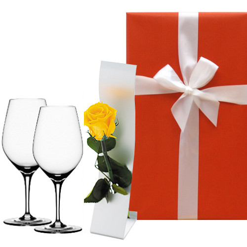 お祝 誕生日 ペア ワイングラスとスタンド付きプリザーブドフラワーのギフトセット 