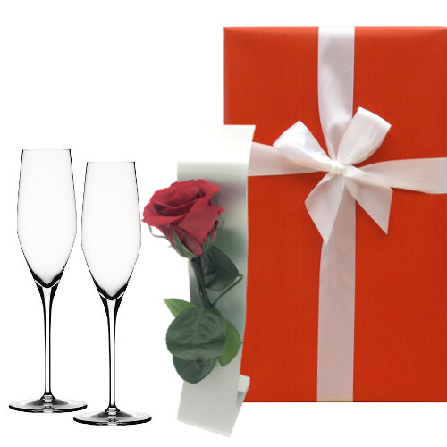 ペア シャンパングラスとスタンド付きプリザーブドフラワーのギフトセット