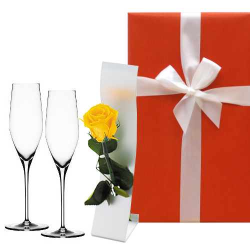 ペア シャンパングラスとスタンド付きプリザーブドフラワーのギフトセット