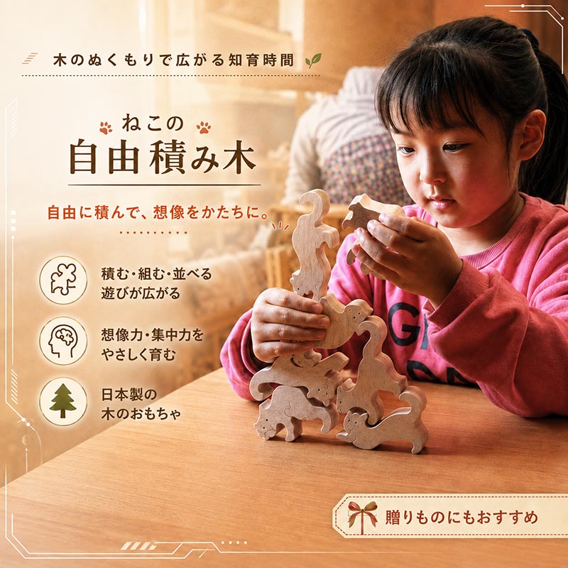 ネコの自由積み木（日本製）創造力を育む木のおもちゃ