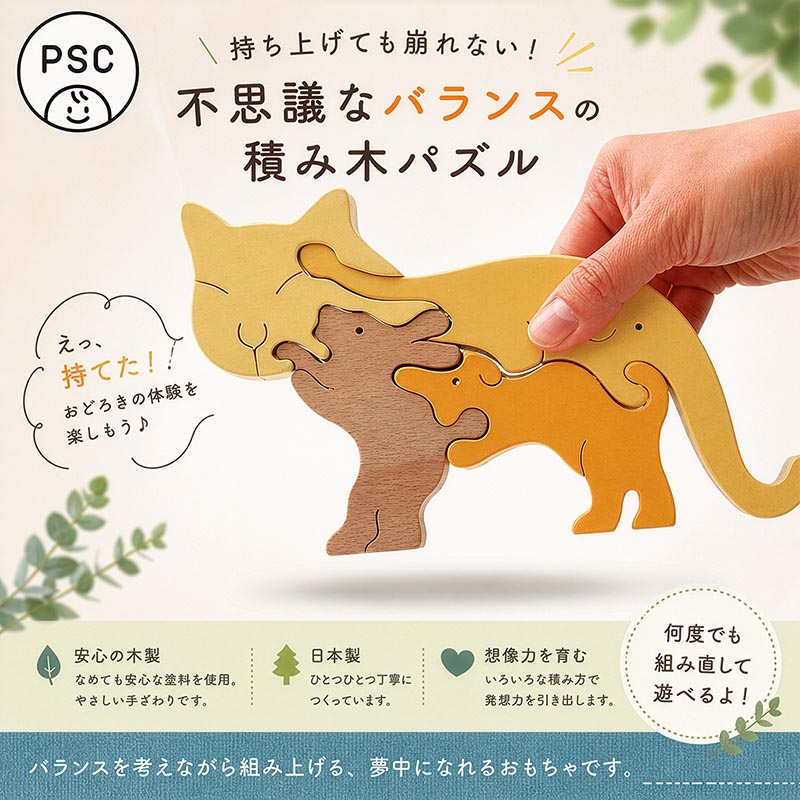 ネコのスタンディングパズル（日本製）創造力を育む木のおもちゃ