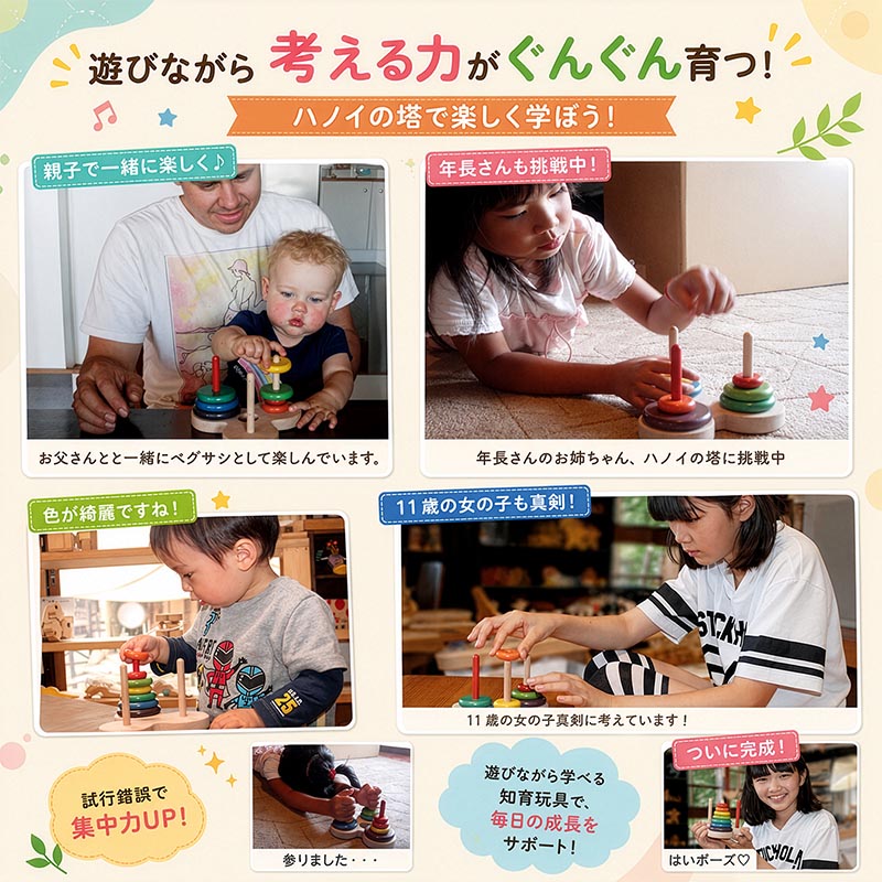 数学パズル ハノイの塔（日本製）知育に最適な手と頭を使う木の