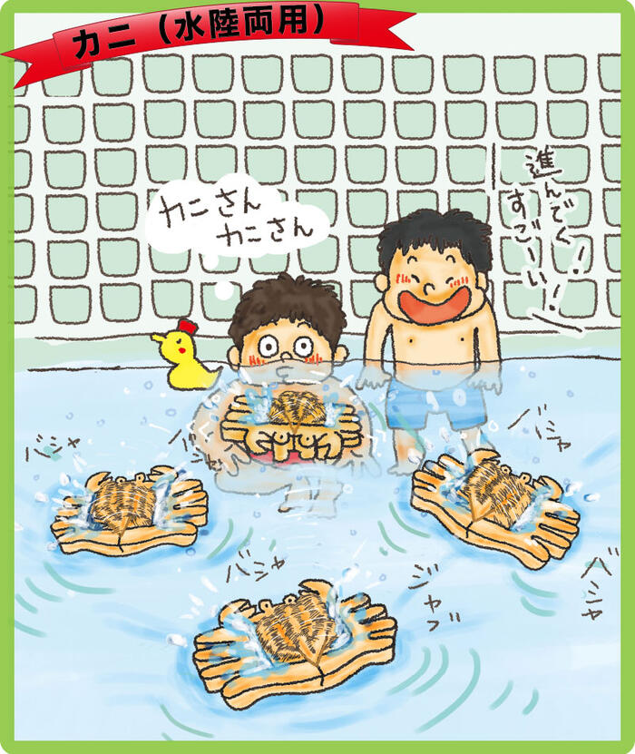 かに(水陸両用木のおもちゃ)日本製 輪ゴムのパワーでスイスイ泳ぎます！