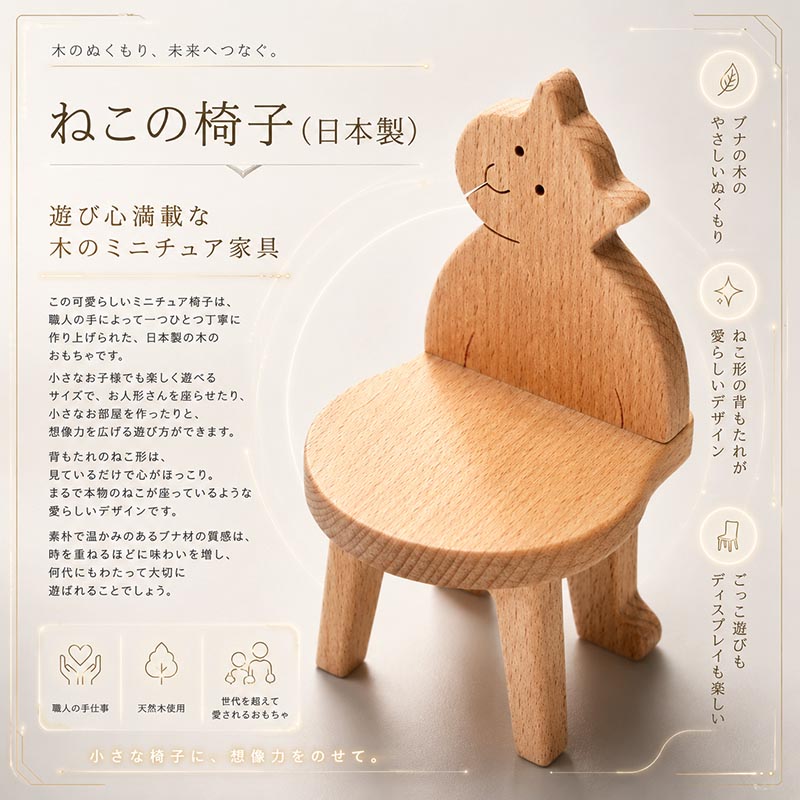 ねこの椅子（日本製）遊び心満載な木のミニチュア家具 木のおもちゃ