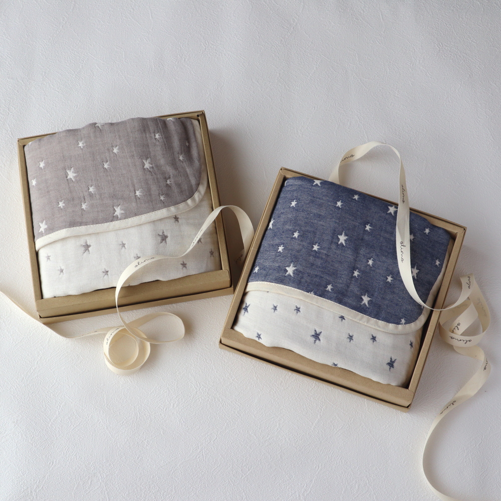 【送料無料・名入れ可能】ふわふわ6重ガーゼベビーケットgiftbox・スター＜Ｓ＞
