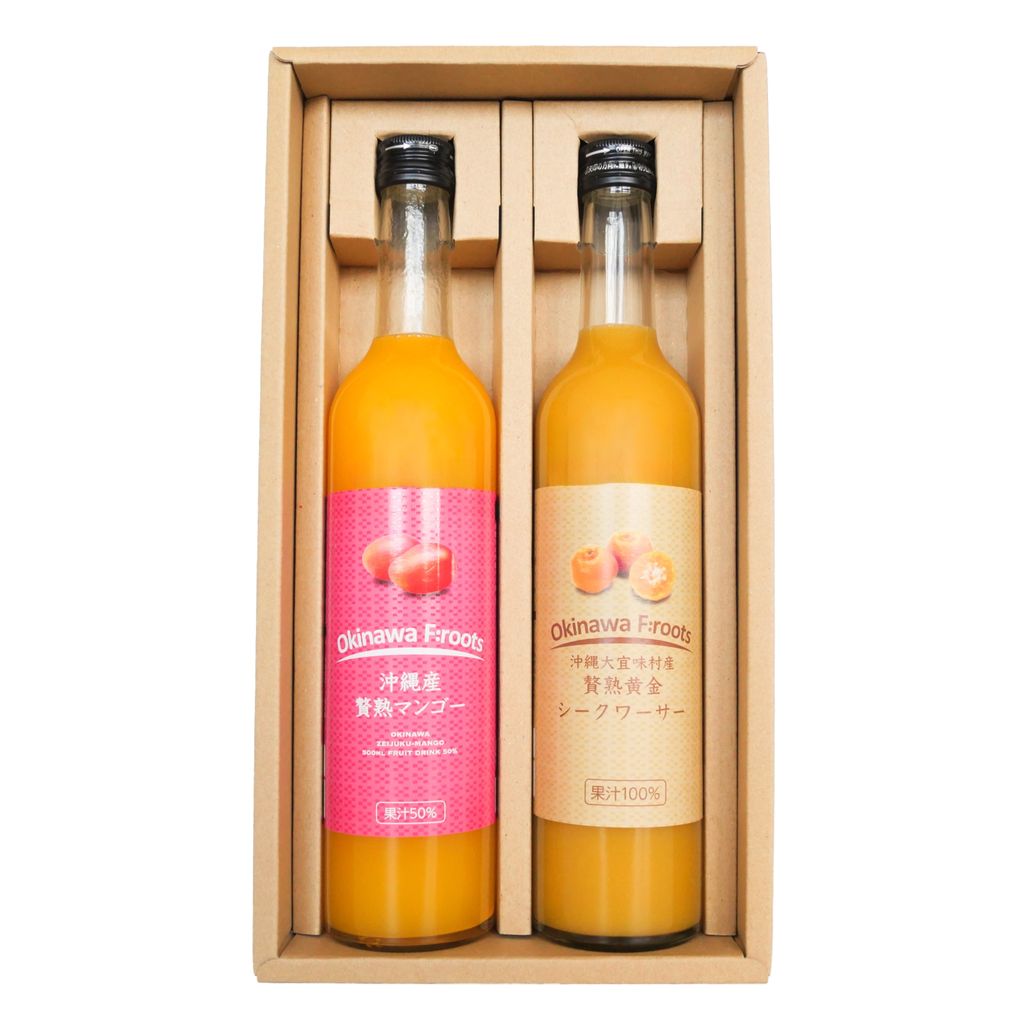 贅熟 沖縄県産マンゴー果汁飲料(50%)＆贅熟 大宜味村産黄金(くがに)シークヮーサージュース(100%)　2本セット