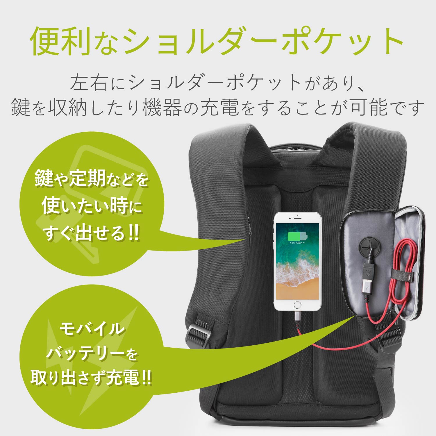 4気室構造 撥水生地 USB充電ポート付 高機能リュック 15.6inch