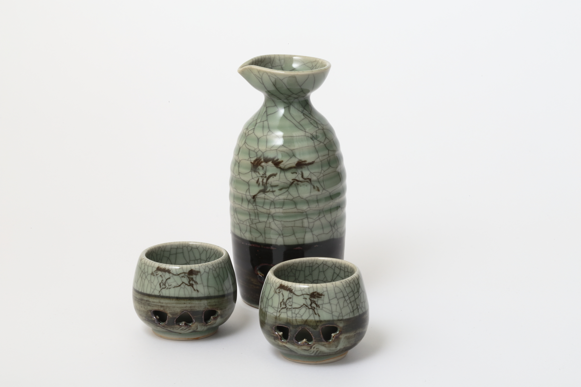 大堀相馬焼 松永窯 二重徳利(二合)・二重ぐい呑み2個 酒器揃えセット