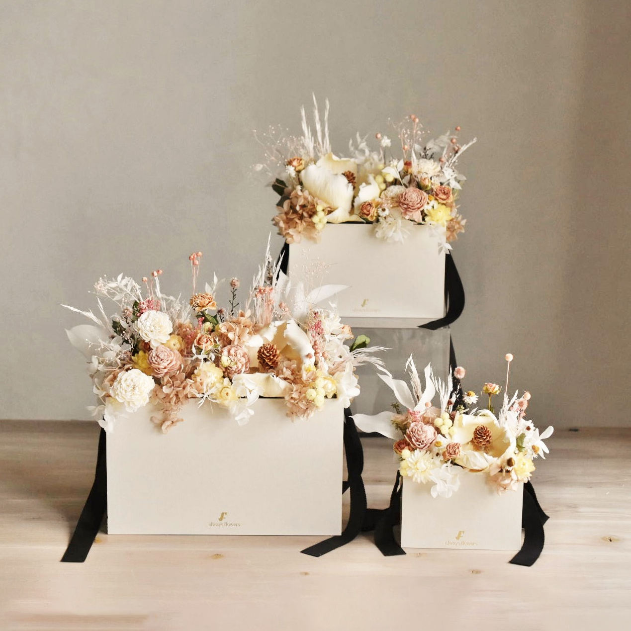 Flower BAG DF Beige/フラワーバッグアレンジ ドライフラワー ベージュ