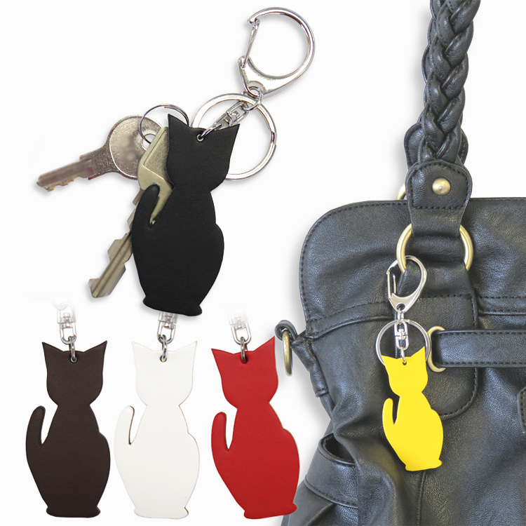 【名入れ可】本革 猫チャームキーホルダー キーリング 日本製 LR0030