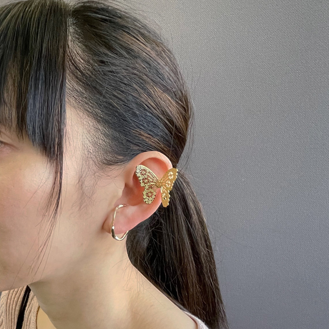 透かし蝶（左耳用）＆メタル細身ウェーブ（片耳用）イヤーカフセット