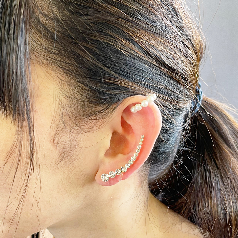 ラインストーングラデーション（左耳用）＆シンプルパール（片耳用）イヤーカフセット