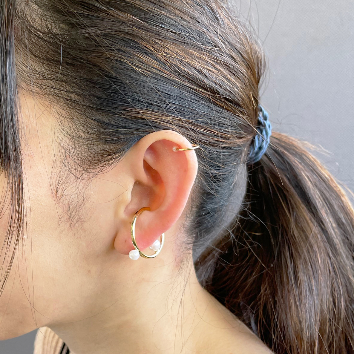 メタル2粒パール＆細身ミニパールイヤーカフセット（片耳用）