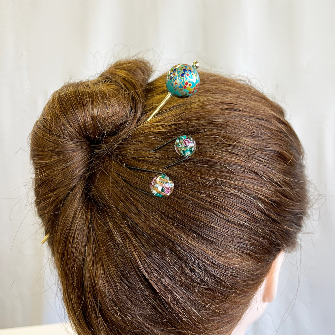 蒔絵風玉かんざしフラワーテイスト＆ガラスＵピン