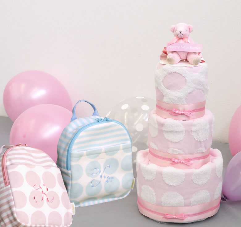 【名入れ 出産祝い】ベルビー アンファン　シェリシリーズ ベビーリュック＆パステルドットおむつケーキセット