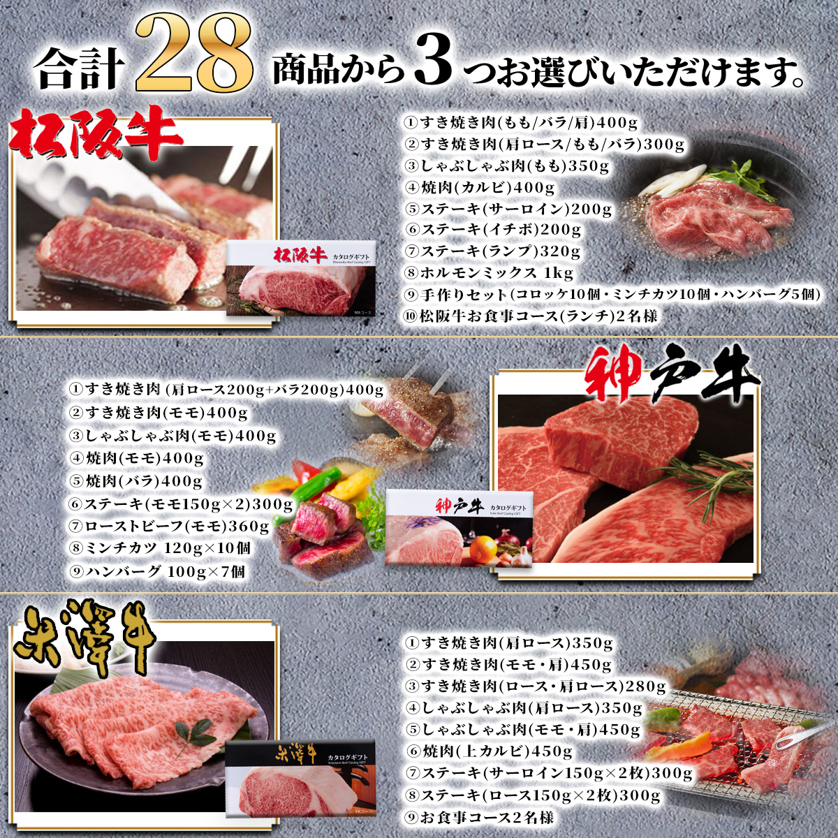 松阪牛・神戸牛・米沢牛 選べるカタログギフト【LB1コース 3万円】