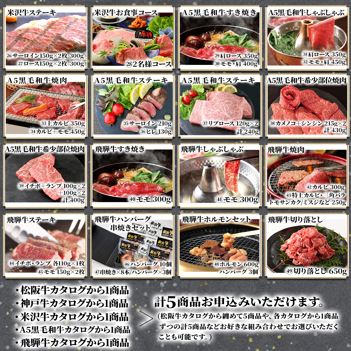 松阪牛・神戸牛・米沢牛・A5黒毛和牛・飛騨牛 選べるカタログギフト【LD1コース 5万円】