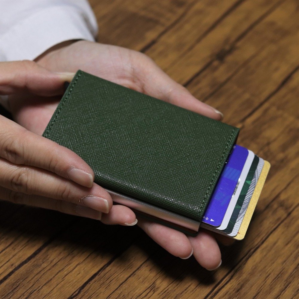 スライドカード式  本革 三つ折りミニ財布