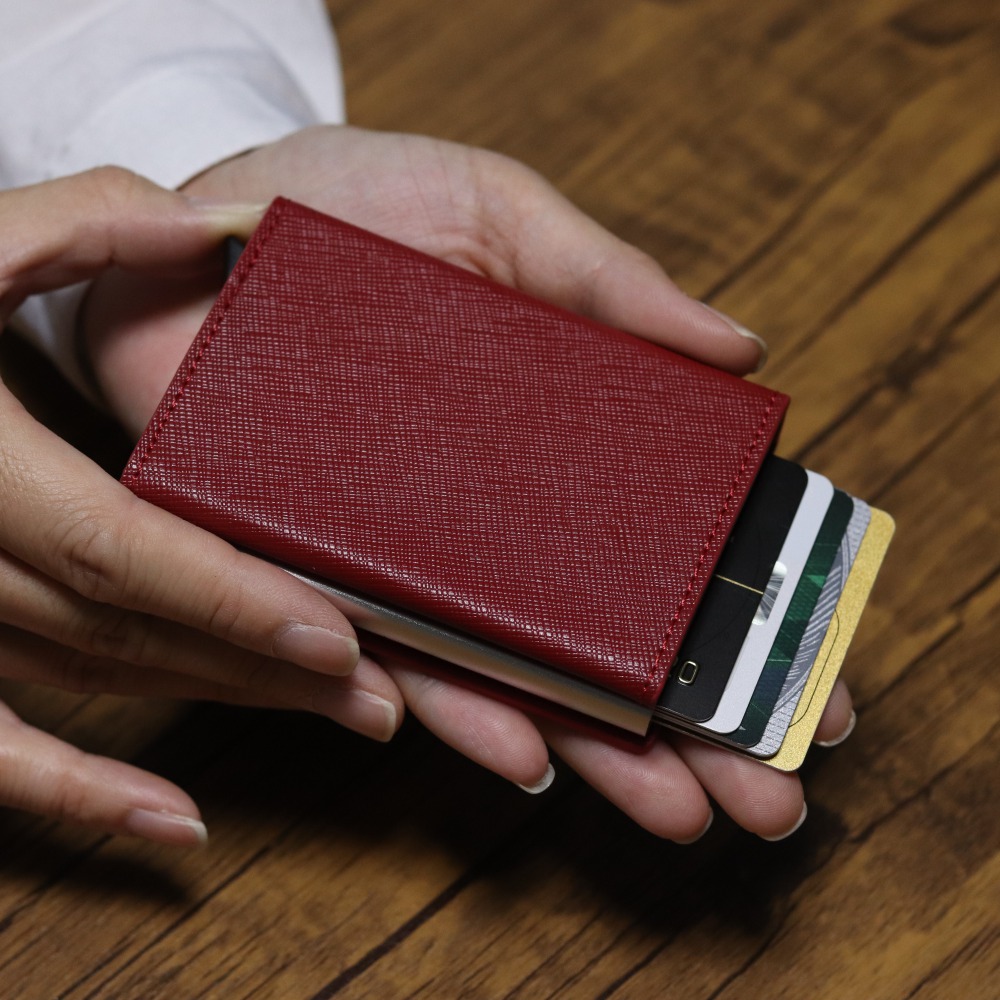 スライドカード式  本革 三つ折りミニ財布