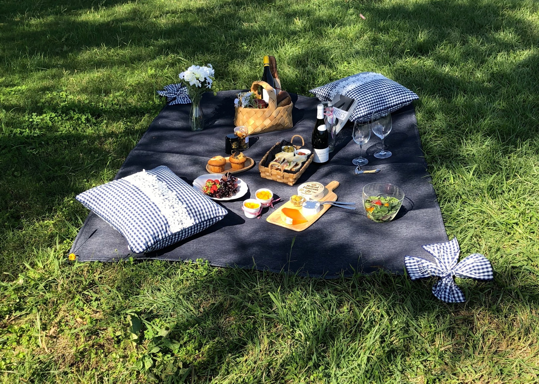 Picnic mat denim color & Red Ribbon