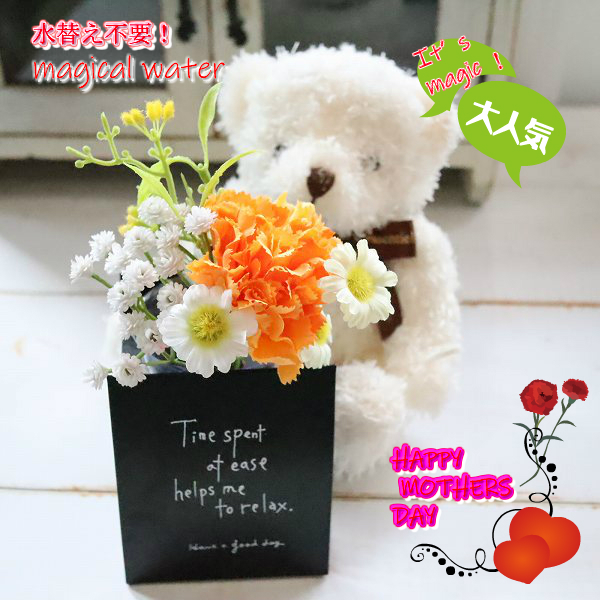 選べるぬいぐるみとカーネーションアレンジ　魔法の水　マジカルウォーター　