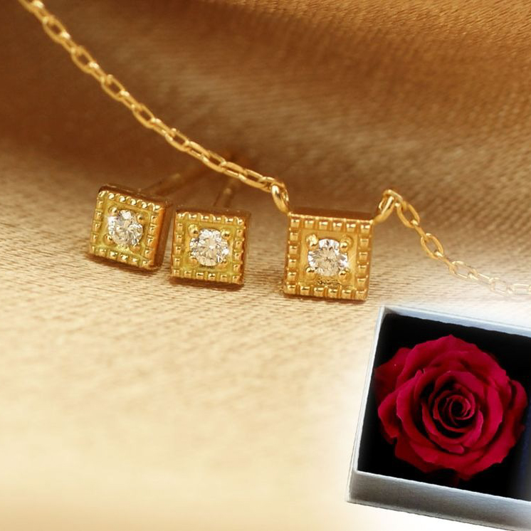 【Clementia】K18 イエローゴールド アポロン ダイヤモンド ネックレス & ピアス セット