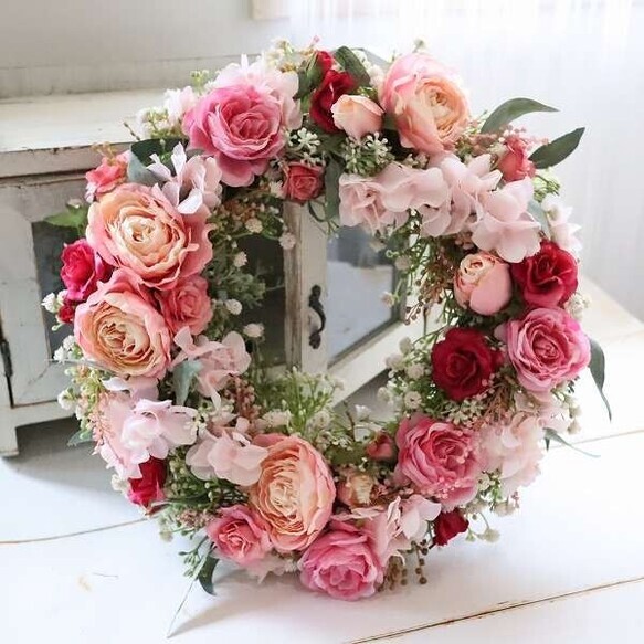 オールドローズとダリアのお花のリース  フラワーリース  リース  造花 オールドローズとダリアのお花のリース フラワーリース リース 造花