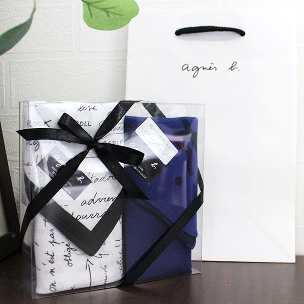 ハンカチ メンズ 2枚セット ギフトセット ホワイト英文×ブルーロゴ 1880430552-10/ブルー1880050252-02 agneh04