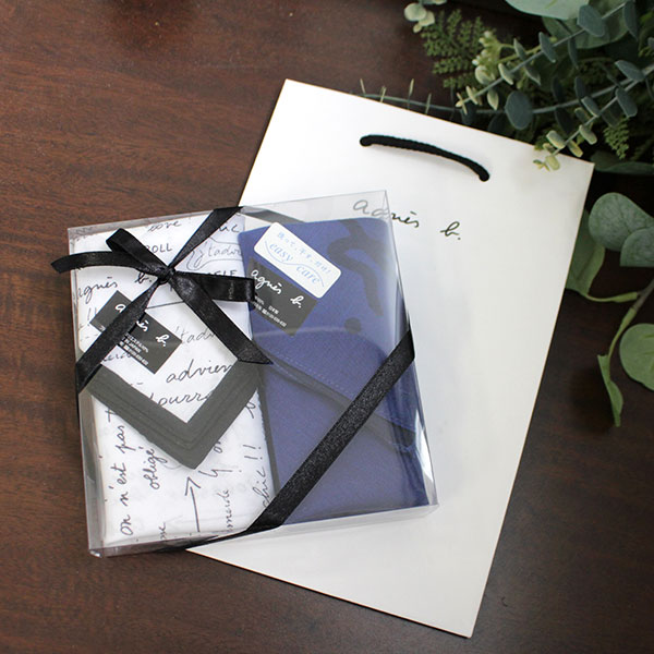 ハンカチ メンズ 2枚セット ギフトセット ホワイト英文×ブルーロゴ 1880430552-10/ブルー1880050252-02 agneh04