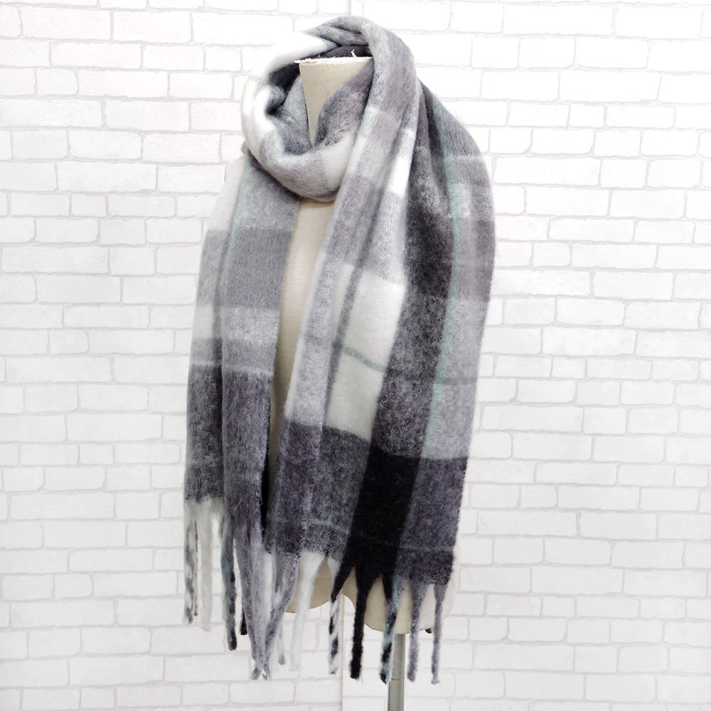 ボリュームフリンジチェックストール