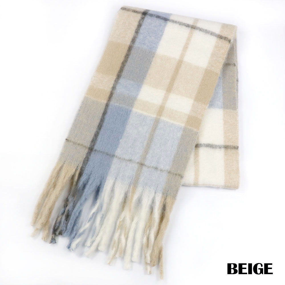 ボリュームフリンジチェックストール