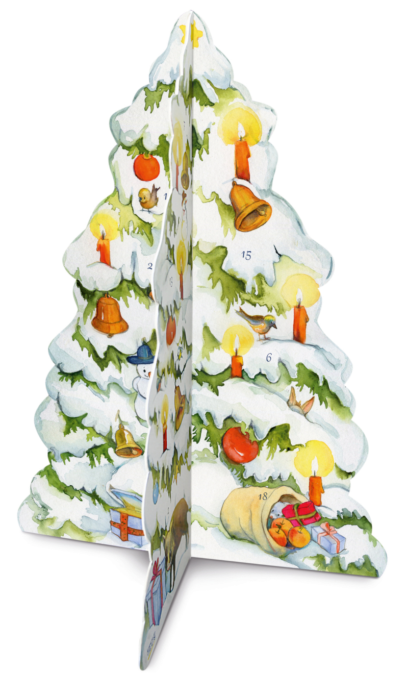 アドベントカレンダー 雪が積もったクリスマスツリー