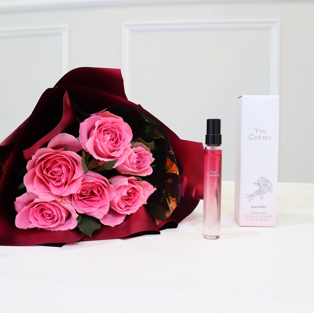 ピンクローズブーケ（6本）とバラの香水（イブシェリーパフューム