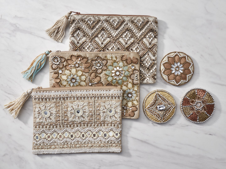 ビーズ刺繍フラットポーチ＆手鏡セット